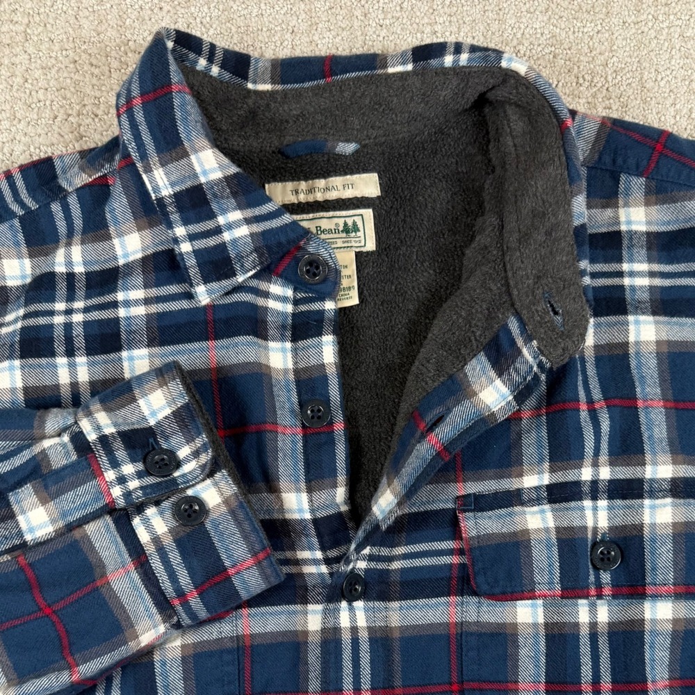 LL Bean Men Large Blue Plaid Fleece Lined Traditional Fit Flannel Shacket 298189